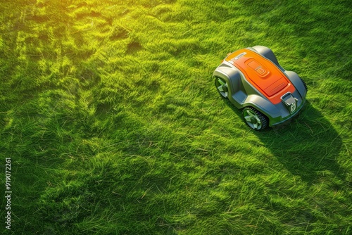 Close-up of a autonomous mower on green grass. Beautiful simple AI generated image in 4K, unique.