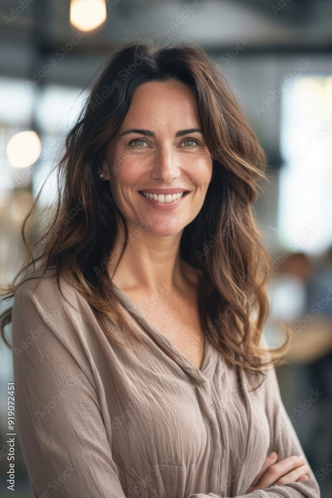 Smiling woman with long brown hair, wearing a casual beige blouse, standing in a modern office with blurred background. Confident, friendly, and approachable Smiling woman with long brown hair, wearing a casual beige blouse, standing in a modern office with blurred background. Confident, friendly, and approachable