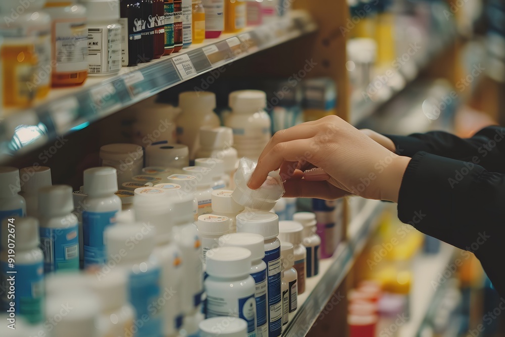 Exploring the Aisles of Health: A Hand Reaches for Medicine Bottles Exploring the Aisles of Health: A Hand Reaches for Medicine Bottles