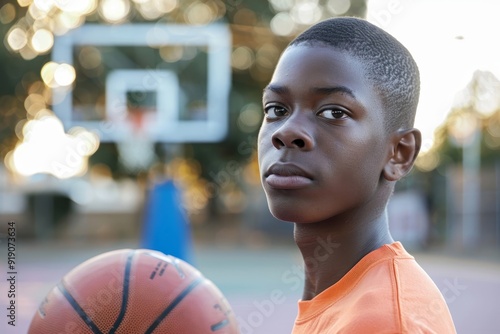 Afrian American teenage boy playing basketball alone on the court, Generative AI photo