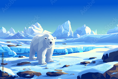 Ice snow landscape with polar bear looking to the camera. Horizontal view. Ice blocks and cold water in the background. Clean blue sky. The harsh beauty of northern nature. Cartoon style vector