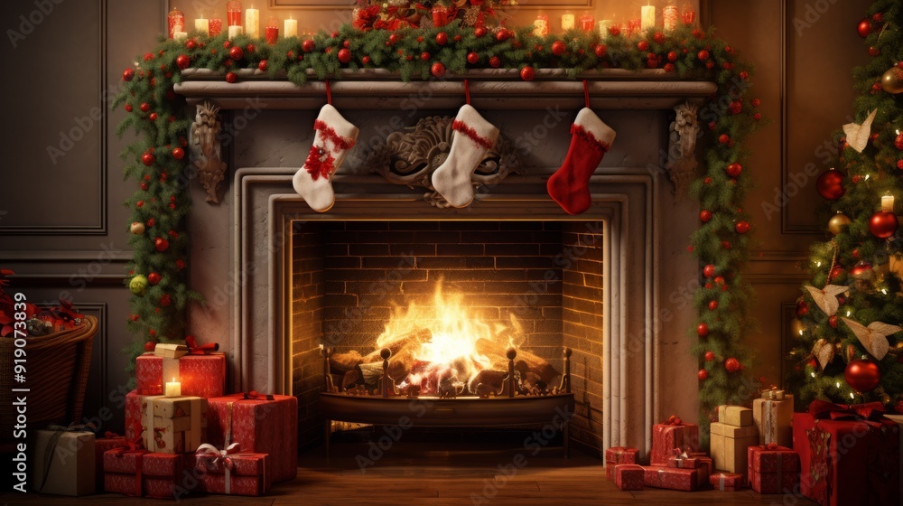 Beautiful christmas decorated fireplace in dark interior. Neural network ai generated art Beautiful christmas decorated fireplace in dark interior. Neural network ai generated art