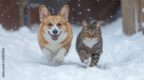 A dog and cat running in the snow. Perfect for articles about pet companionship and winter activities.