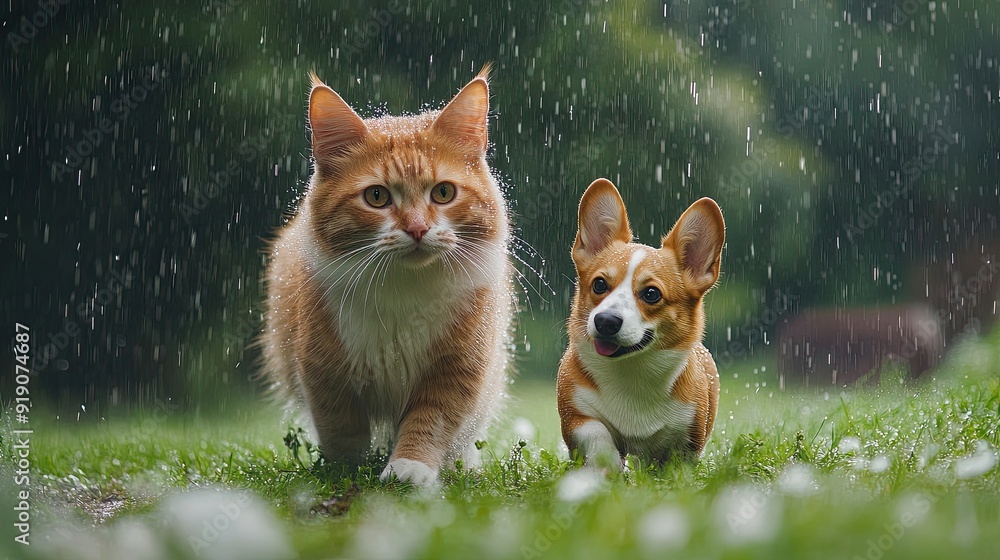 A cat and a dog standing in the rain. Perfect for a website or blog post about pet care in the rain. A cat and a dog standing in the rain. Perfect for a website or blog post about pet care in the rain.