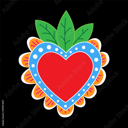 Mexican sacred heart with leaves. Tattoo style illustration.