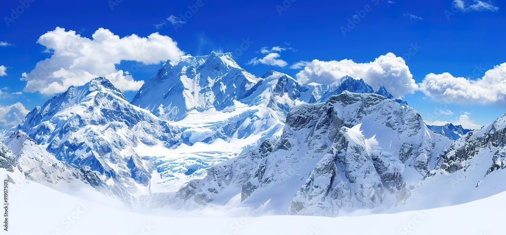 Obraz premium A panoramic view of snow capped mountains against a bright blue sky with puffy white clouds. The mountain peaks are covered in snow and ice, creating a stunning natural landscape.