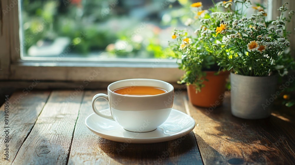 Cozy morning tea scene with wildflowers by window for home decor inspiration and relaxation blogs Cozy morning tea scene with wildflowers by window for home decor inspiration and relaxation blogs