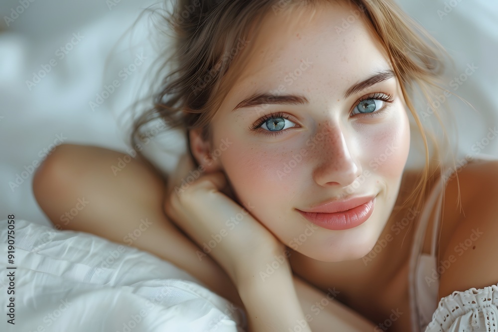 Serene Beauty: A Close-Up Portrait of a Young Woman with Captivating Blue Eyes Serene Beauty: A Close-Up Portrait of a Young Woman with Captivating Blue Eyes