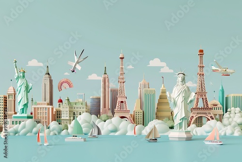 Iconic landmarks float on clouds, symbolizing global travel and adventure.