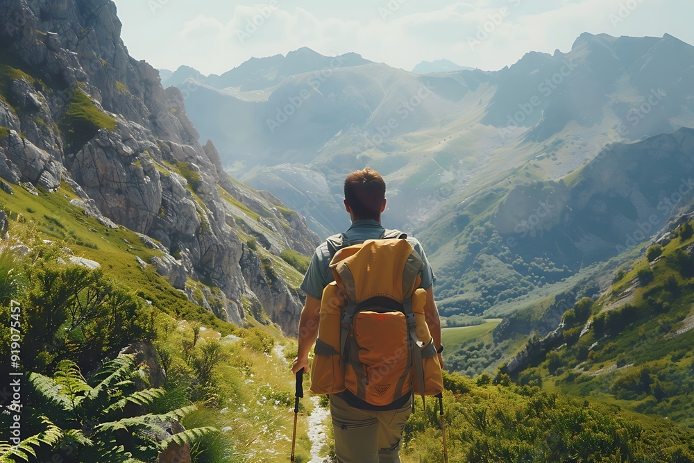 Hiker with backpack on mountain trail, scenic vista.