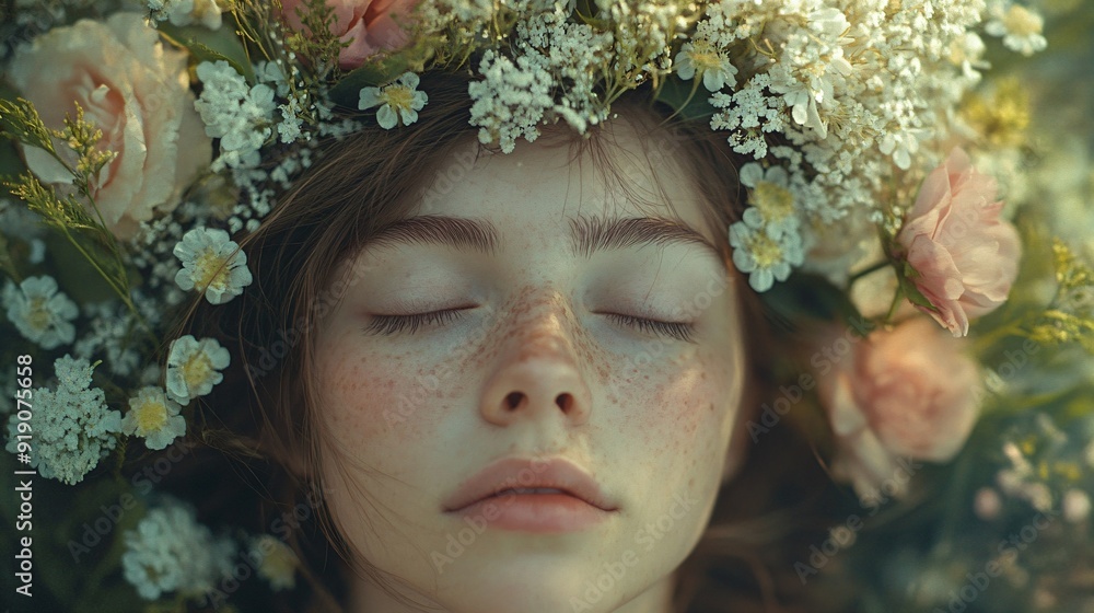 Close-up of freckled girl with floral crown and closed eyes Delicate spring portrait for beauty skincare and natural cosmetics concepts Close-up of freckled girl with floral crown and closed eyes Delicate spring portrait for beauty skincare and natural cosmetics concepts