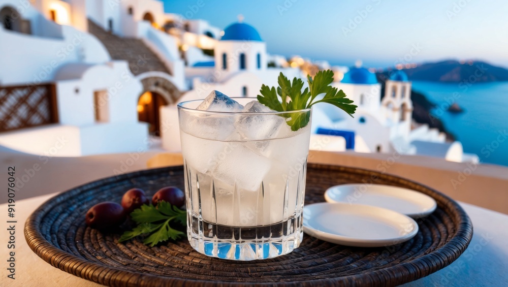 Fototapeta premium A shot of Greek ouzo in a small glass with ice cubes, surrounded by Greek meze on a beach with a sea view.