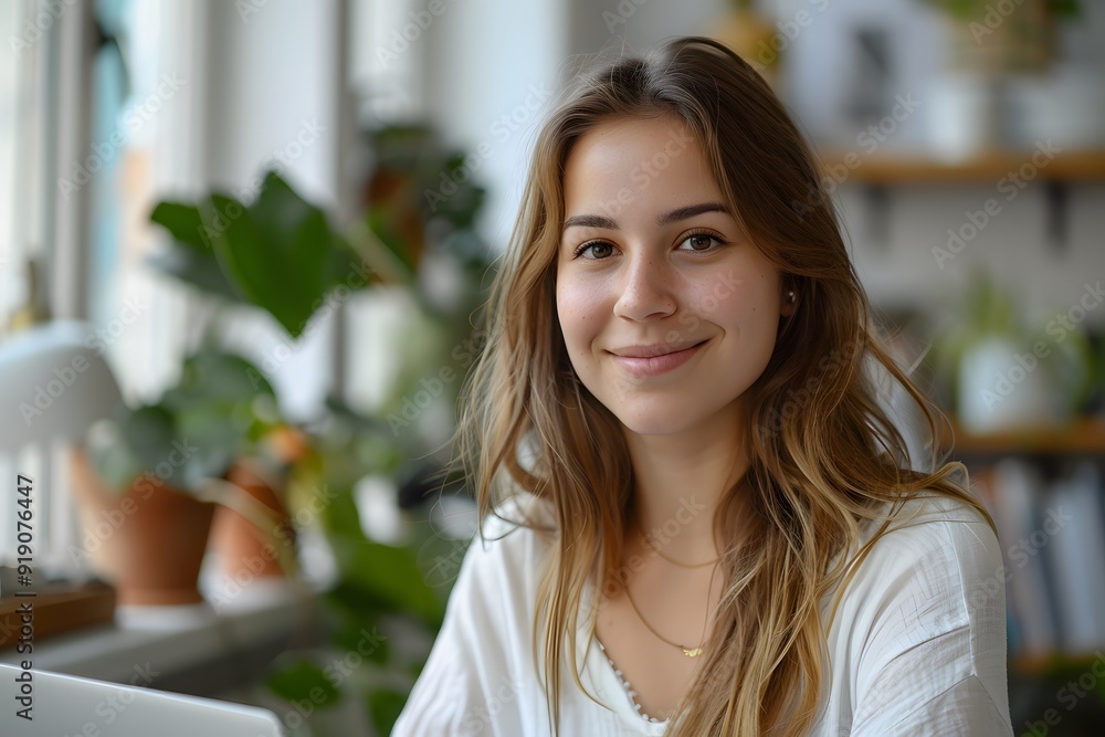 Bright and Cheerful Young Woman Smiling in a Cozy Indoor Space Surrounded by Plants Bright and Cheerful Young Woman Smiling in a Cozy Indoor Space Surrounded by Plants