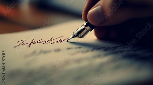 A close-up of a signature being written on a formal agreement photo