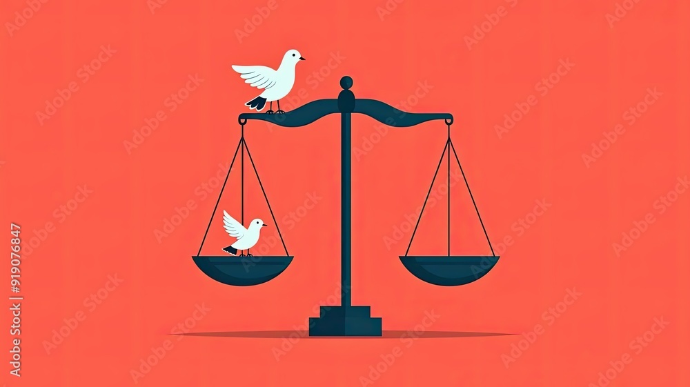 A minimalistic illustration of a balanced scale with doves symbolizing peace and justice against a vibrant background. A minimalistic illustration of a balanced scale with doves symbolizing peace and justice against a vibrant background.