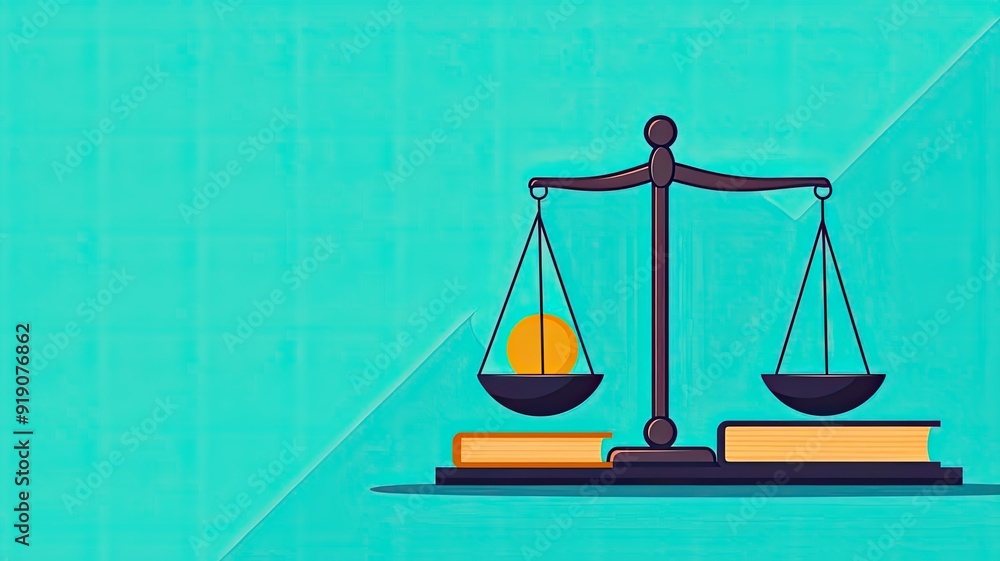 A minimalist illustration of a balanced scale with books, symbolizing justice, law, and education on a vibrant teal background. A minimalist illustration of a balanced scale with books, symbolizing justice, law, and education on a vibrant teal background.