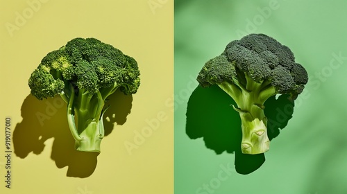 A photo shows fresg and old broccoli on the left and right sides, on a green background photo