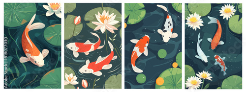 Japanese colorful koi fish swimming in a pond posters set. Clear transparent water. Water lily flowers on the surface. Nature and culture. Cartoon style vector illustration