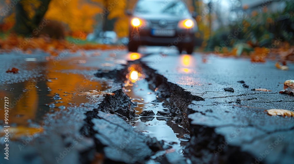 Cracked pavement filled with rainwater reflects autumn colors as a car approaches on a rainy day Cracked pavement filled with rainwater reflects autumn colors as a car approaches on a rainy day