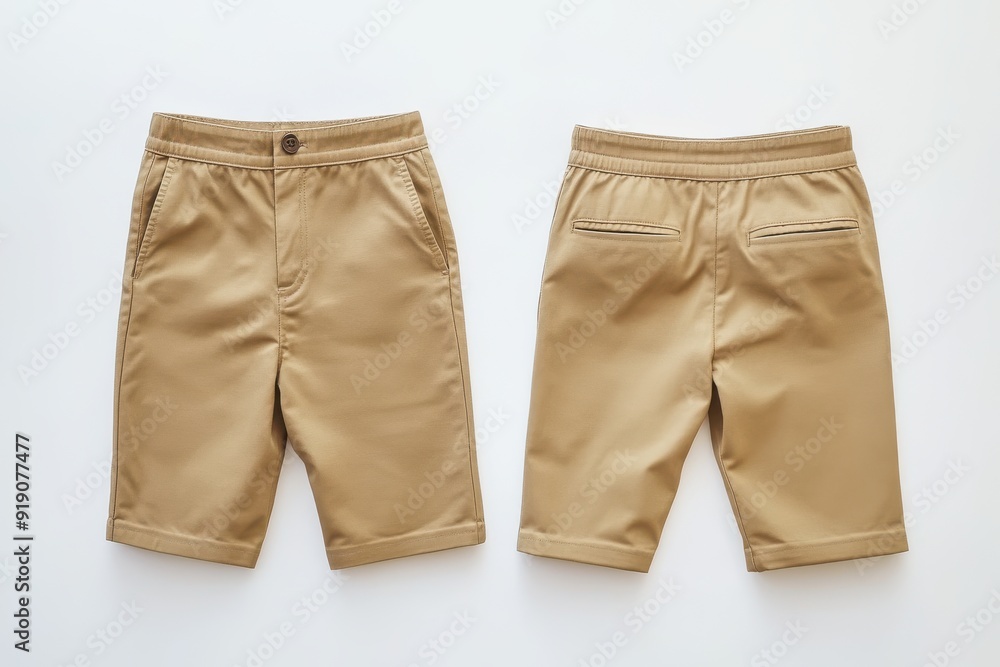 Khaki shorts is neatly displayed on a white background Khaki shorts is neatly displayed on a white background