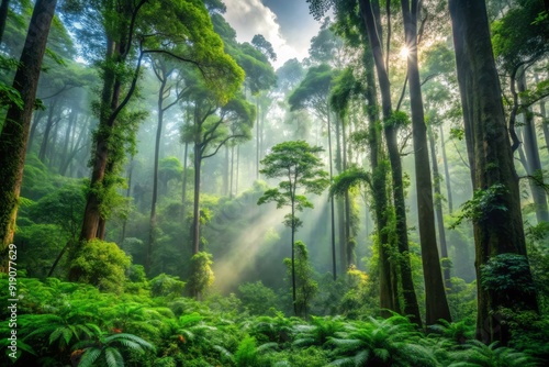 Dense forest with towering trees and lush undergrowth, surrounded by mist, highlighting the importance of preserving carbon sequestration in natural ecosystems.