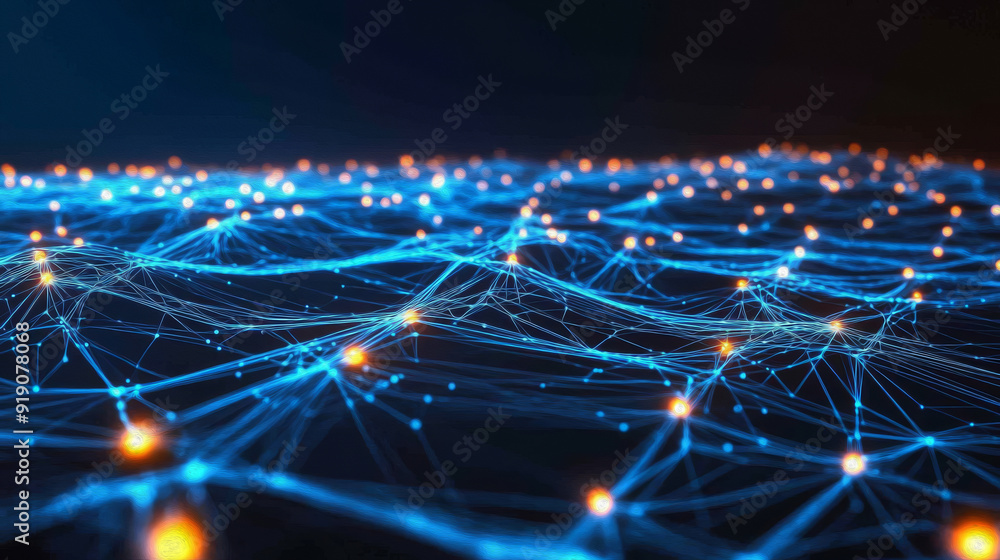 Abstract Network of Glowing Blue Nodes and Connections on Dark Background Abstract Network of Glowing Blue Nodes and Connections on Dark Background
