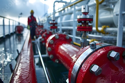 Industrial Pipeline System on a Vessel with Worker in Background