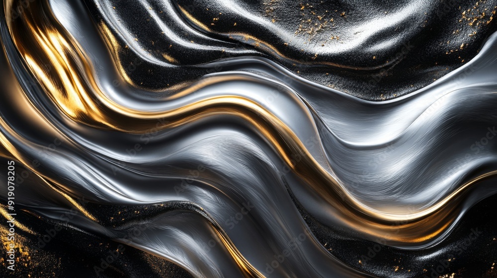 Naklejka premium Abstract Wavy Pattern with Black, Silver, and Gold Tones