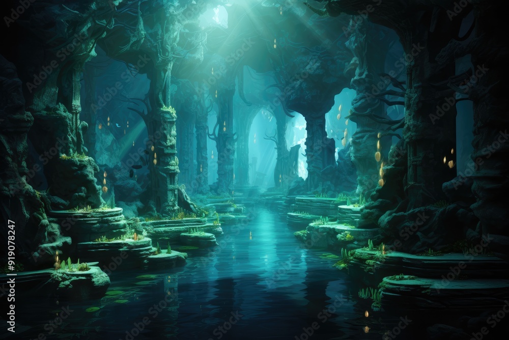 Obraz premium Underwater Tunnels: Illuminated tunnels beneath the water.