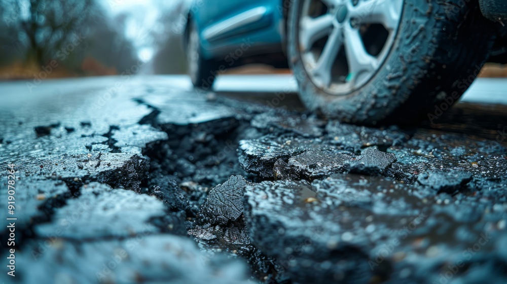 There is a large crack in the asphalt on the highway, posing a danger to drivers and requiring immediate repair. There is a large crack in the asphalt on the highway, posing a danger to drivers and requiring immediate repair.