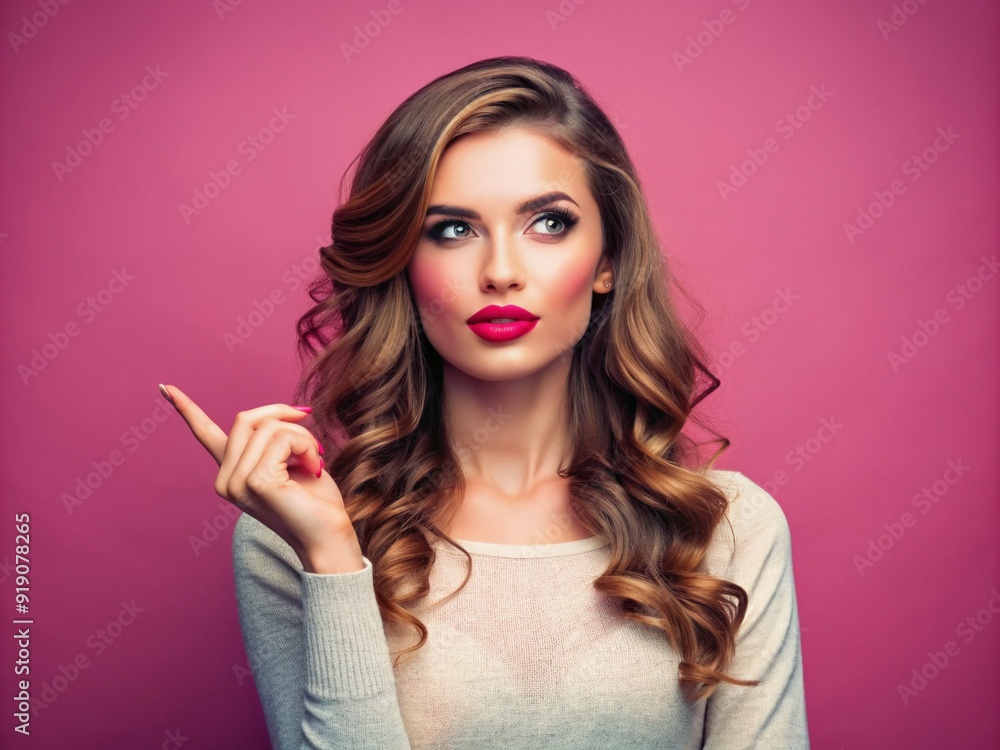 A beautiful young woman with pouted lips gestures to an empty space, indicating a sense of decision or choice, against a vibrant pink background. A beautiful young woman with pouted lips gestures to an empty space, indicating a sense of decision or choice, against a vibrant pink background.