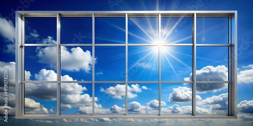 Sparkling clean glass windowpane with subtle reflections, installed in a modern aluminum frame, set against a bright blue sky with puffy white clouds. photo