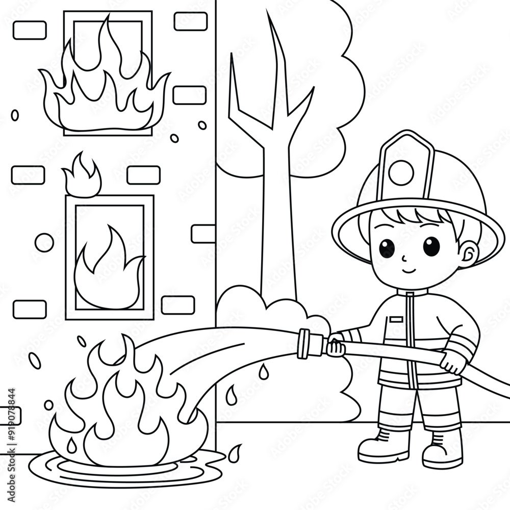 Firefighter Boy Putting Out a Fire Outline Cartoon Coloring Page for Kids