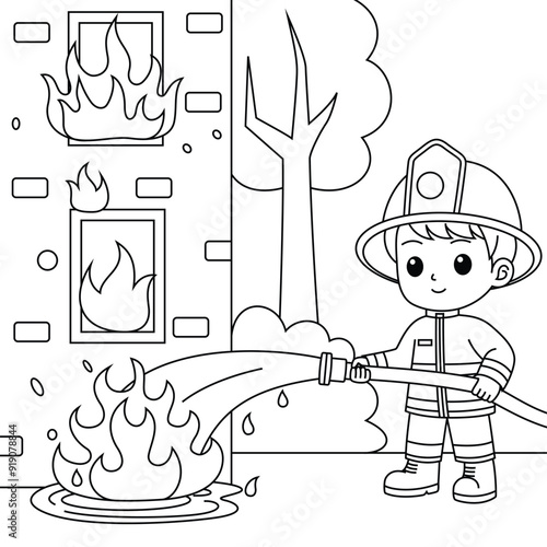 Obraz na płótnie Firefighter Boy Putting Out a Fire Outline Cartoon Coloring Page for Kids w salonie