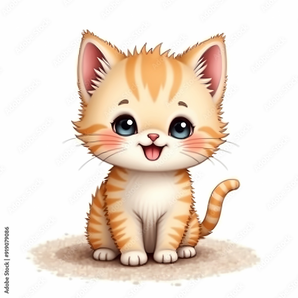 Fototapeta premium Adorable Cartoon Ginger Kitten with Big Eyes and Cute Expressions: Collection of Playful, Whimsical Cat Illustration Perfect for Children's Book, Posters, and Merchandise