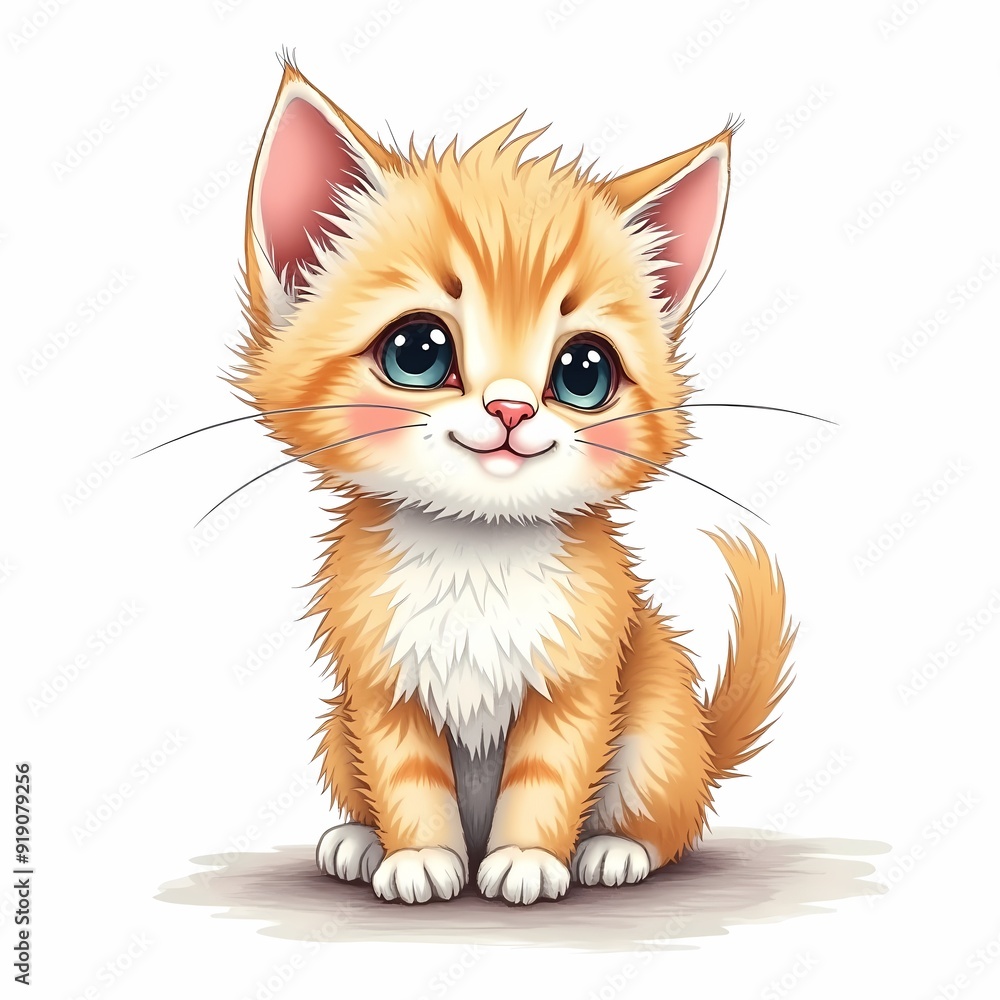 Obraz premium Adorable Cartoon Ginger Kitten with Big Eyes and Cute Expressions: Collection of Playful, Whimsical Cat Illustration Perfect for Children's Book, Posters, and Merchandise
