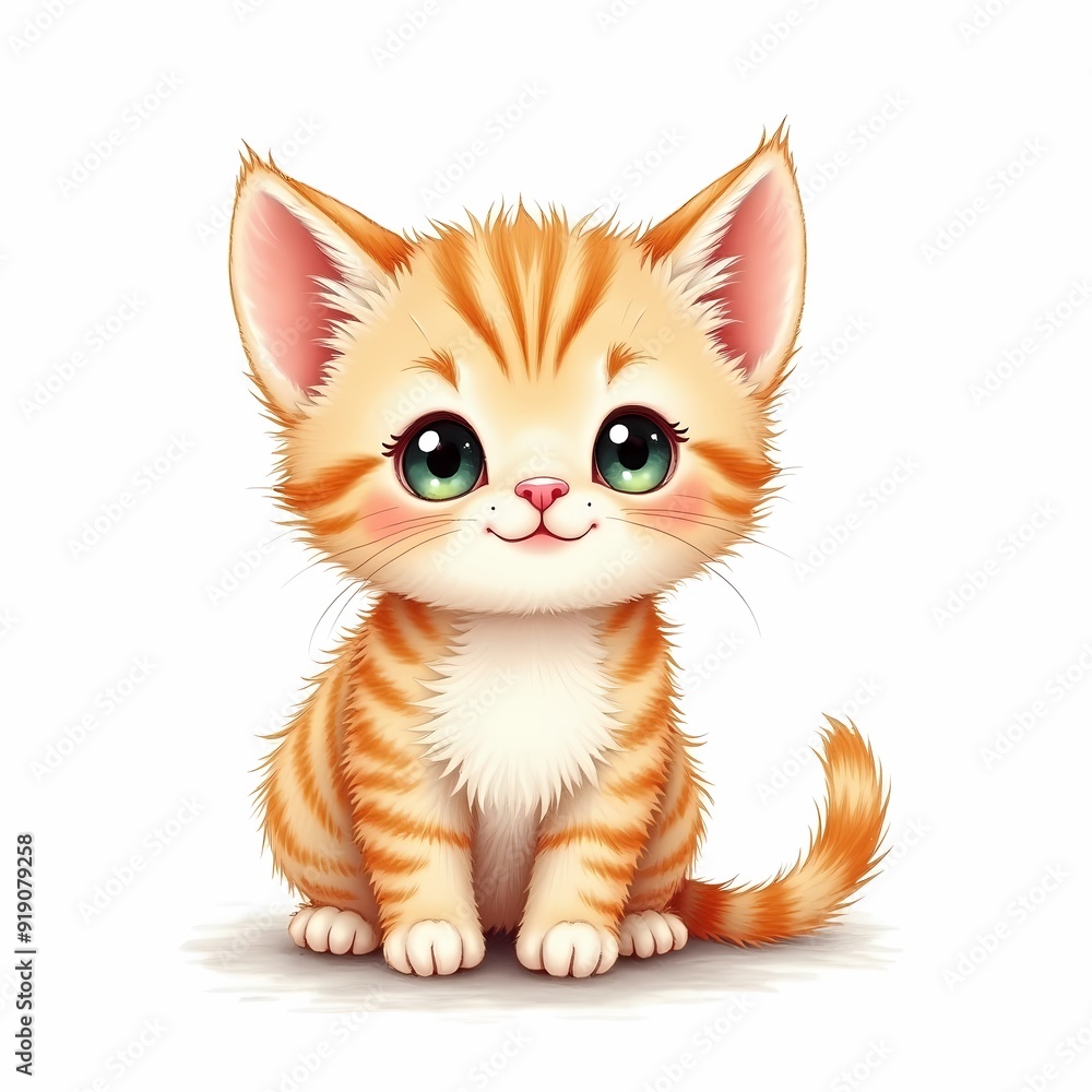 Fototapeta premium Adorable Cartoon Ginger Kitten with Big Eyes and Cute Expressions: Collection of Playful, Whimsical Cat Illustration Perfect for Children's Book, Posters, and Merchandise