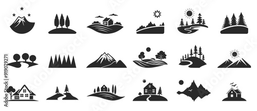 Landscape icon set. Mountains fields forest house hills farm building. Nature agriculture and travel related logo. Simple black and white flat style isolated vector clipart collection