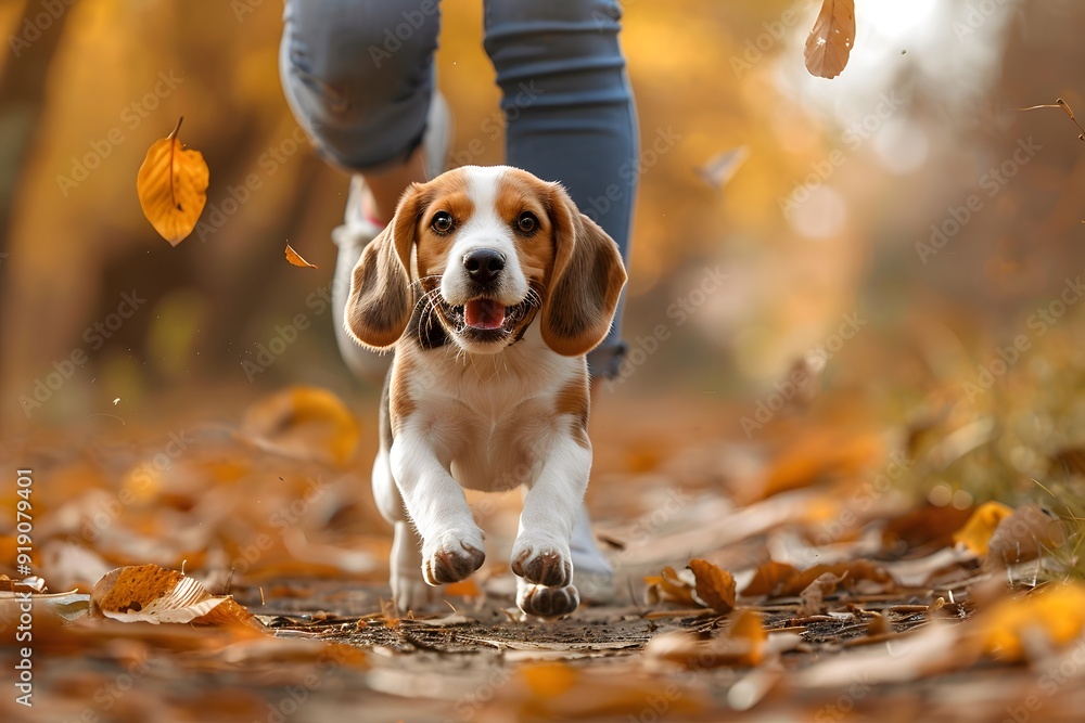 Playful Beagle Running Through Autumn Leaves Playful Beagle Running Through Autumn Leaves