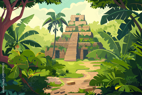 Landscape with old aztec temple in jungle. Tropical forest around. Palms exotic trees and plants. Stone made walls of the mystical old building. Video computer game backdrop poster. Cartoon style