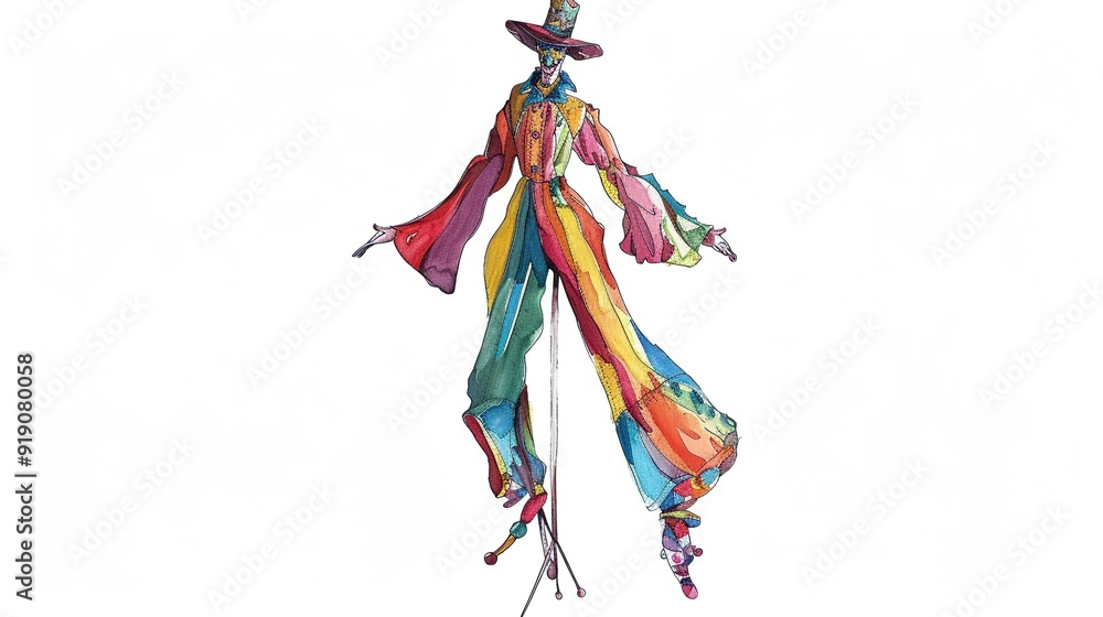 Fototapeta premium Stilt walker costume with tall stilts,Clipart, watercolor illustration, Perfect for nursery art The style is hand drawn, white background