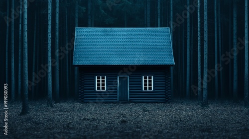 Abandoned cabin in a dark, eerie forest photo