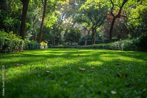 Lush Green Lawn Surrounded by Trees in a Serene Park Setting