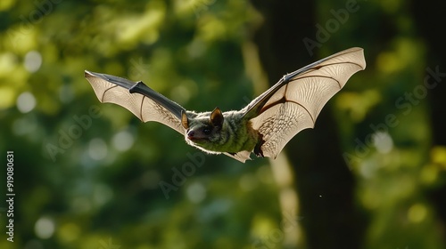 Flying bat hunting in forest. The grey long-eared bat (Plecotus austriacus) is a fairly large European bat. It has distinctive ears, long and with a distinctive fold. It hunts above woodland