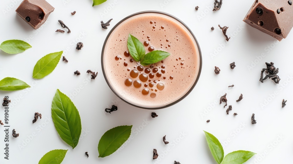 A flat lay of Taiwan milk tea with bubbles, surrounded by tea leaves and tapioca pearls on a clean white background. A flat lay of Taiwan milk tea with bubbles, surrounded by tea leaves and tapioca pearls on a clean white background.