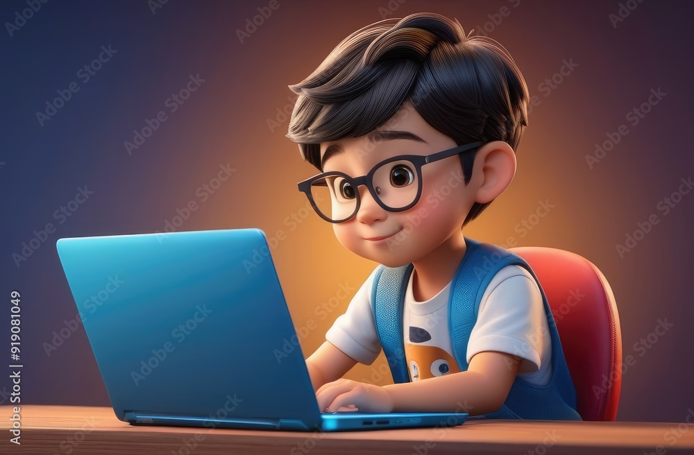 smart pupil boy doing homework on laptop. online study, remote education, cute 3d Illustration smart pupil boy doing homework on laptop. online study, remote education, cute 3d Illustration