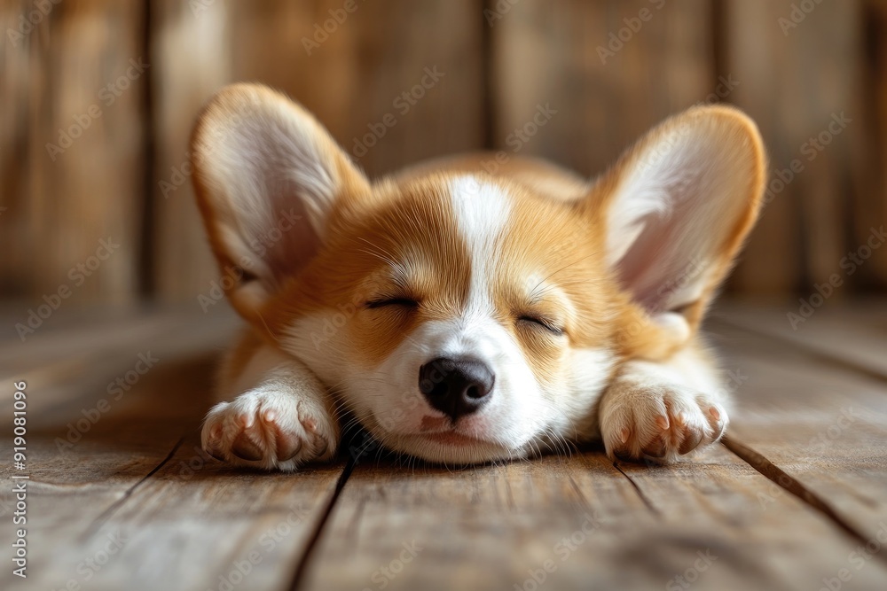 Sleeping puppy on wooden floor. This image is perfect for websites and projects about animals, pets, or sleep. Sleeping puppy on wooden floor. This image is perfect for websites and projects about animals, pets, or sleep.