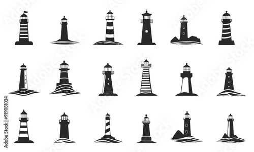 Lighthouses icons set. Nautical navigation light tower. Marine seaside architecture. Beacon and symbol of seamark. Simple black and white flat style isolated vector clipart collection