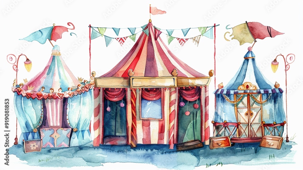 Circus exit with souvenir stands,Clipart, watercolor illustration, Perfect for nursery art The style is hand drawn, white background Circus exit with souvenir stands,Clipart, watercolor illustration, Perfect for nursery art The style is hand drawn, white background