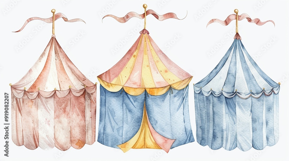 Circus tent flaps blowing in the wind,Clipart, watercolor illustration, Perfect for nursery art The style is hand drawn, white background Circus tent flaps blowing in the wind,Clipart, watercolor illustration, Perfect for nursery art The style is hand drawn, white background
